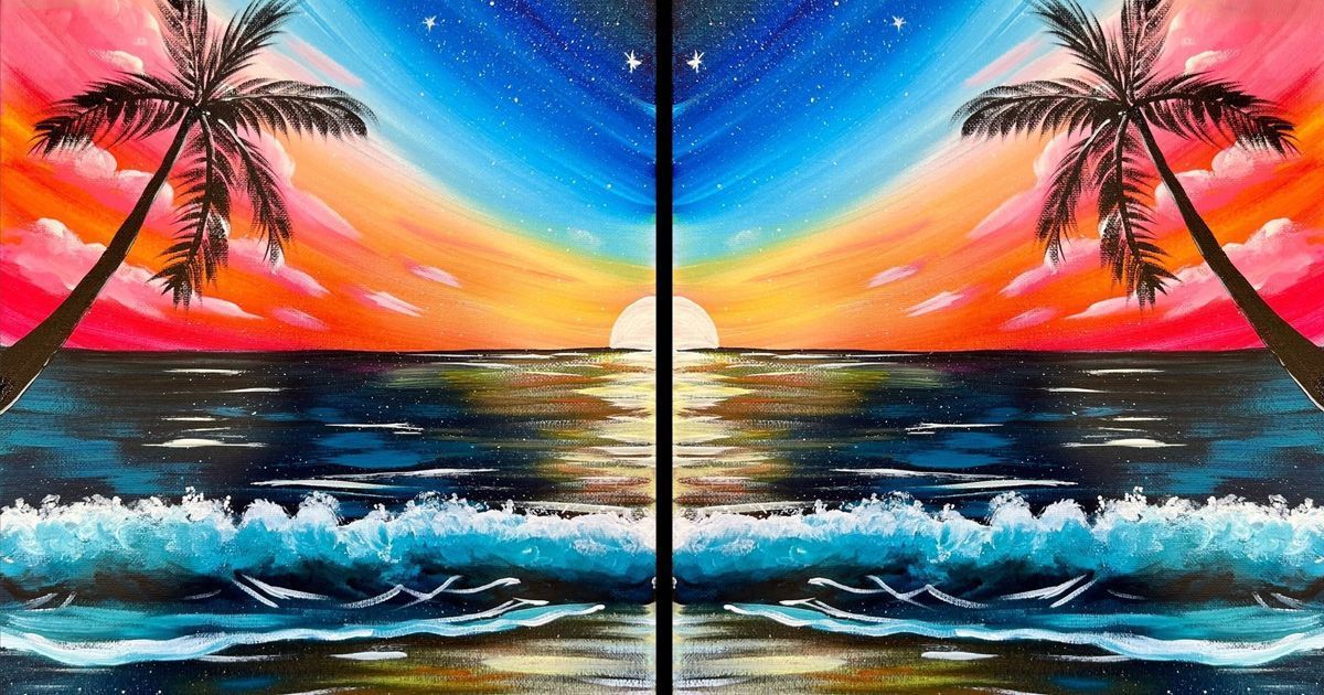 Two split-panel paintings: Night scene with moon & lake, and beach sunset with chairs.