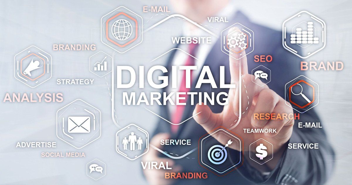 A man in a suit and tie is pressing a button on a digital marketing screen.