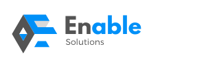 The logo for enable solutions is a blue and gray logo with a diamond in the middle.