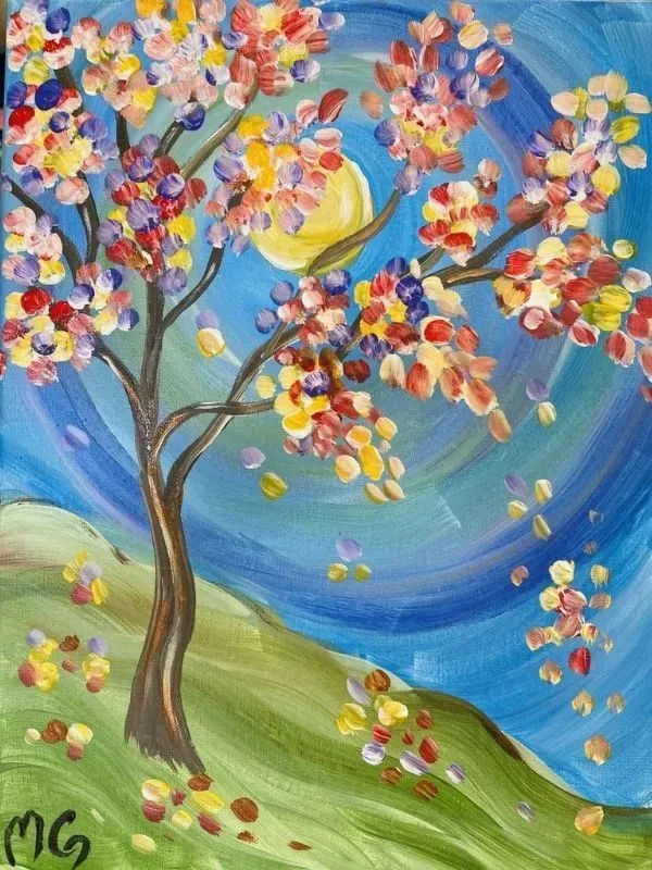 Colorful tree with multi-colored leaves against a swirled blue sky with a yellow moon.