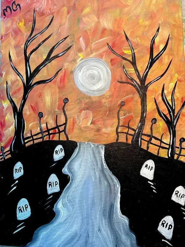 Halloween-themed painting with graveyard, silhouetted trees, and a full moon in a vibrant orange sky.