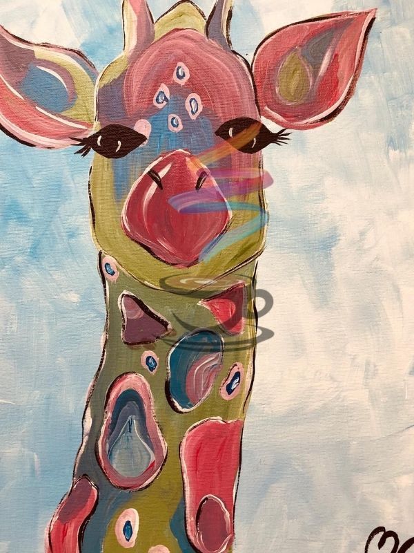 A colorful painting of a giraffe with a blue sky in the background