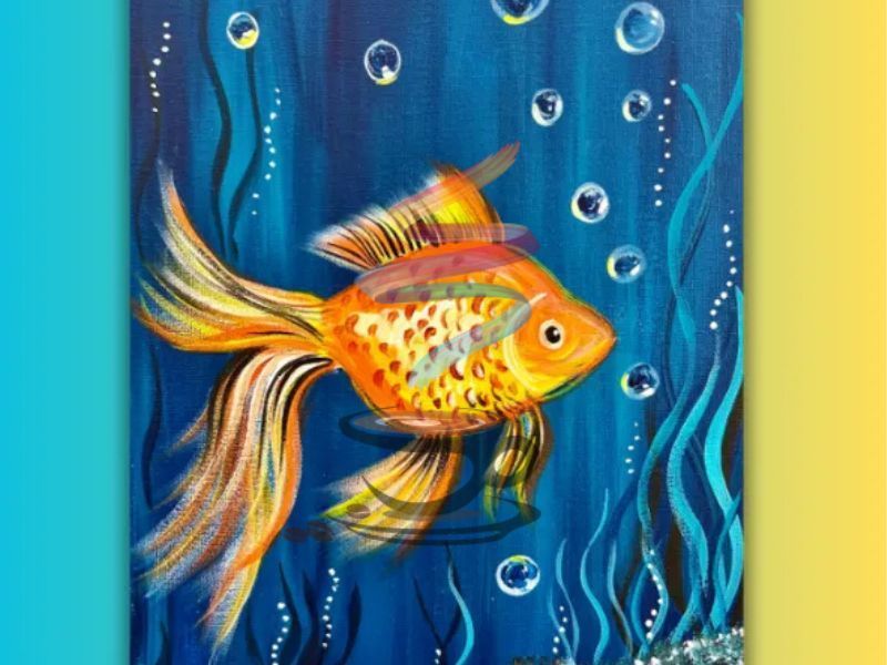A painting of a goldfish in the ocean with bubbles