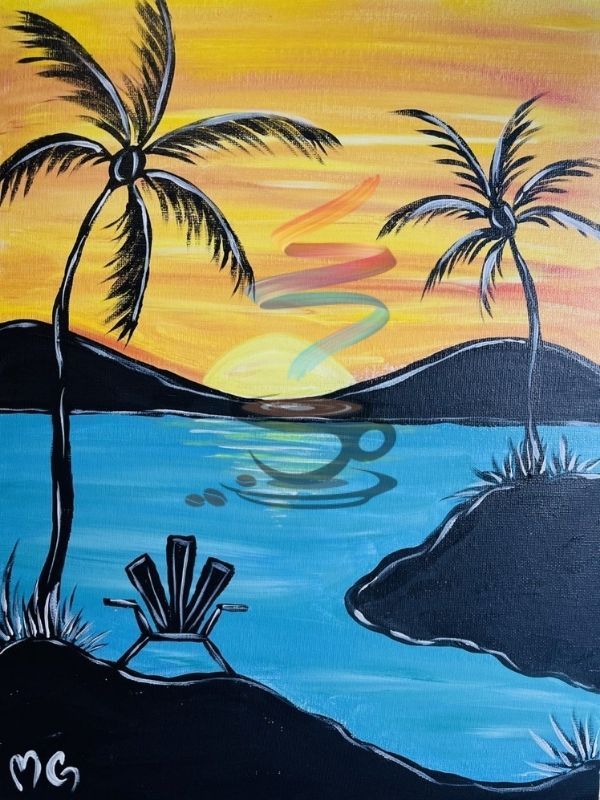 A painting of a sunset over a body of water with palm trees