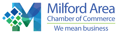 The milford area chamber of commerce logo says we mean business