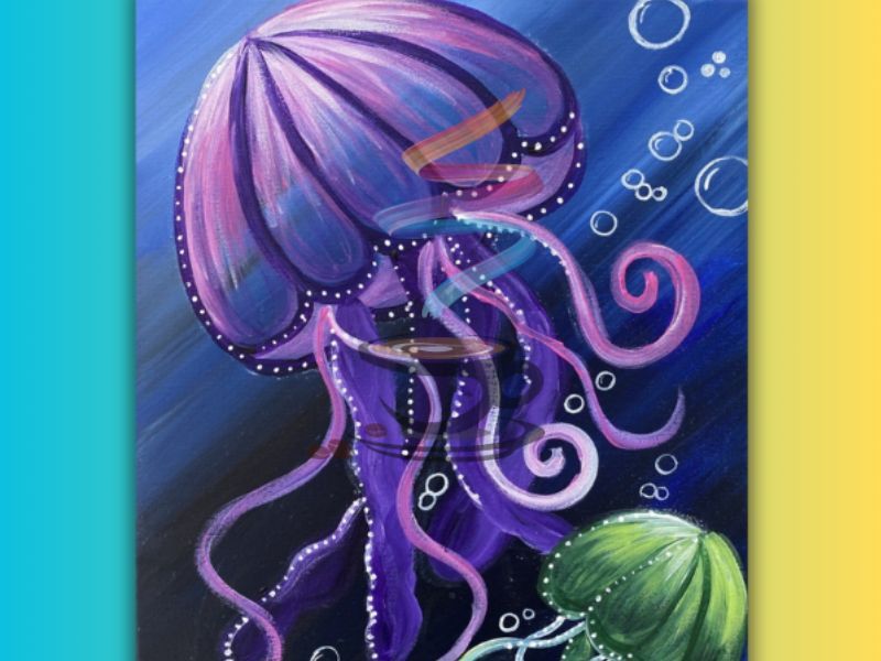 A painting of a purple jellyfish in the ocean