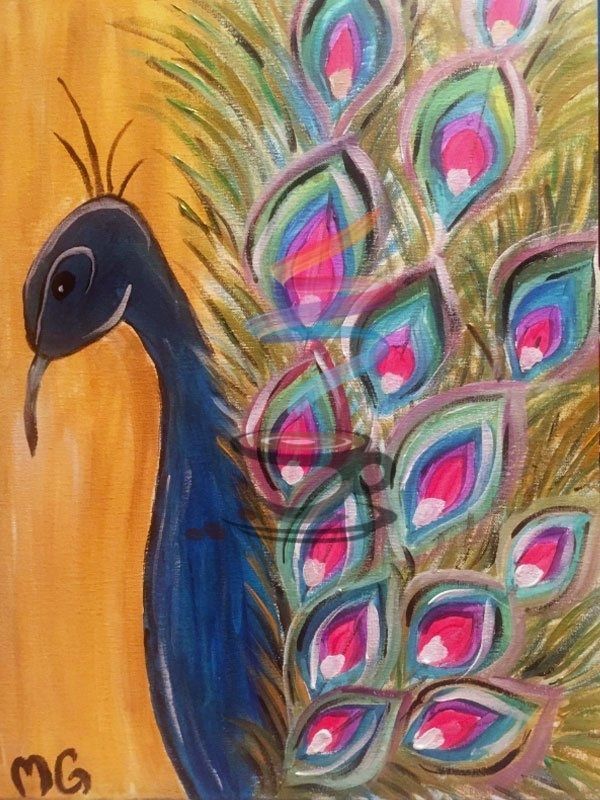 A painting of a peacock with a long tail