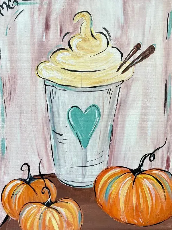 Fall-themed painting: pumpkin spice latte with pumpkins; cream, orange, turquoise, and brown.