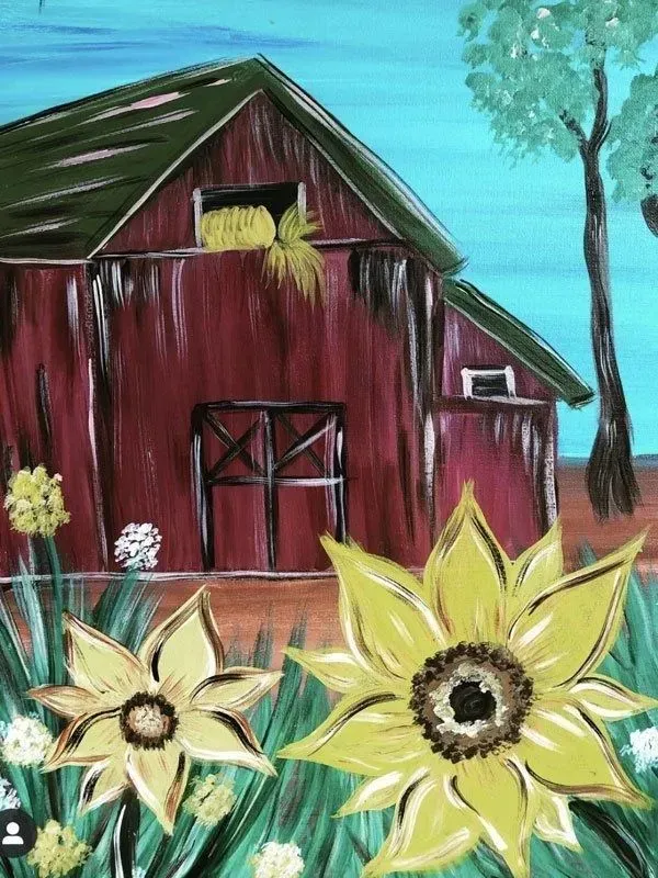 Red barn with sunflowers and a tree on a teal background.