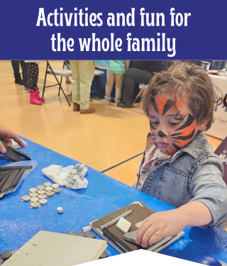 Two girls are eating food with the words activities and fun for the whole family below them