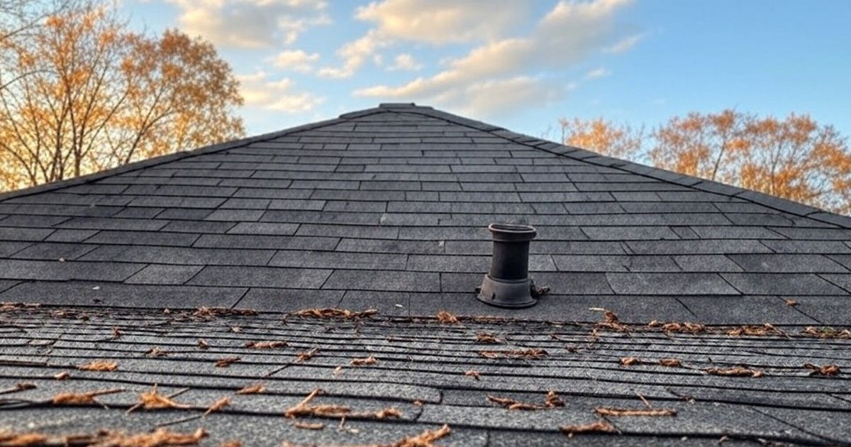 A person is cleaning a gutter on the roof of a house.