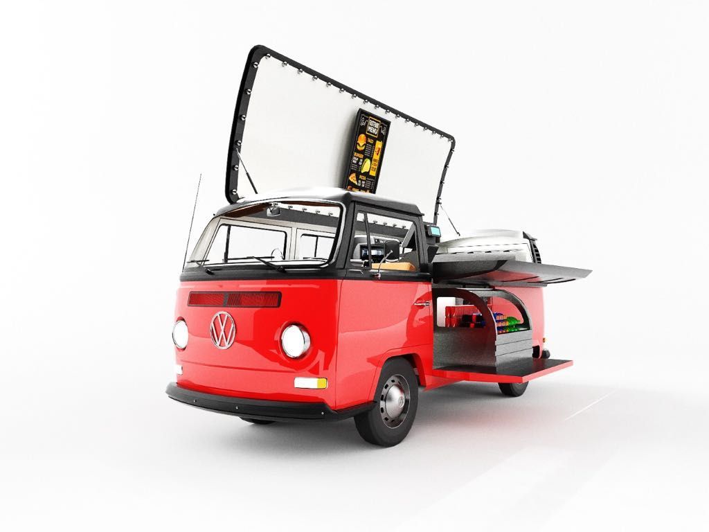 Una furgoneta roja con las puertas abiertas sobre un fondo blanco.