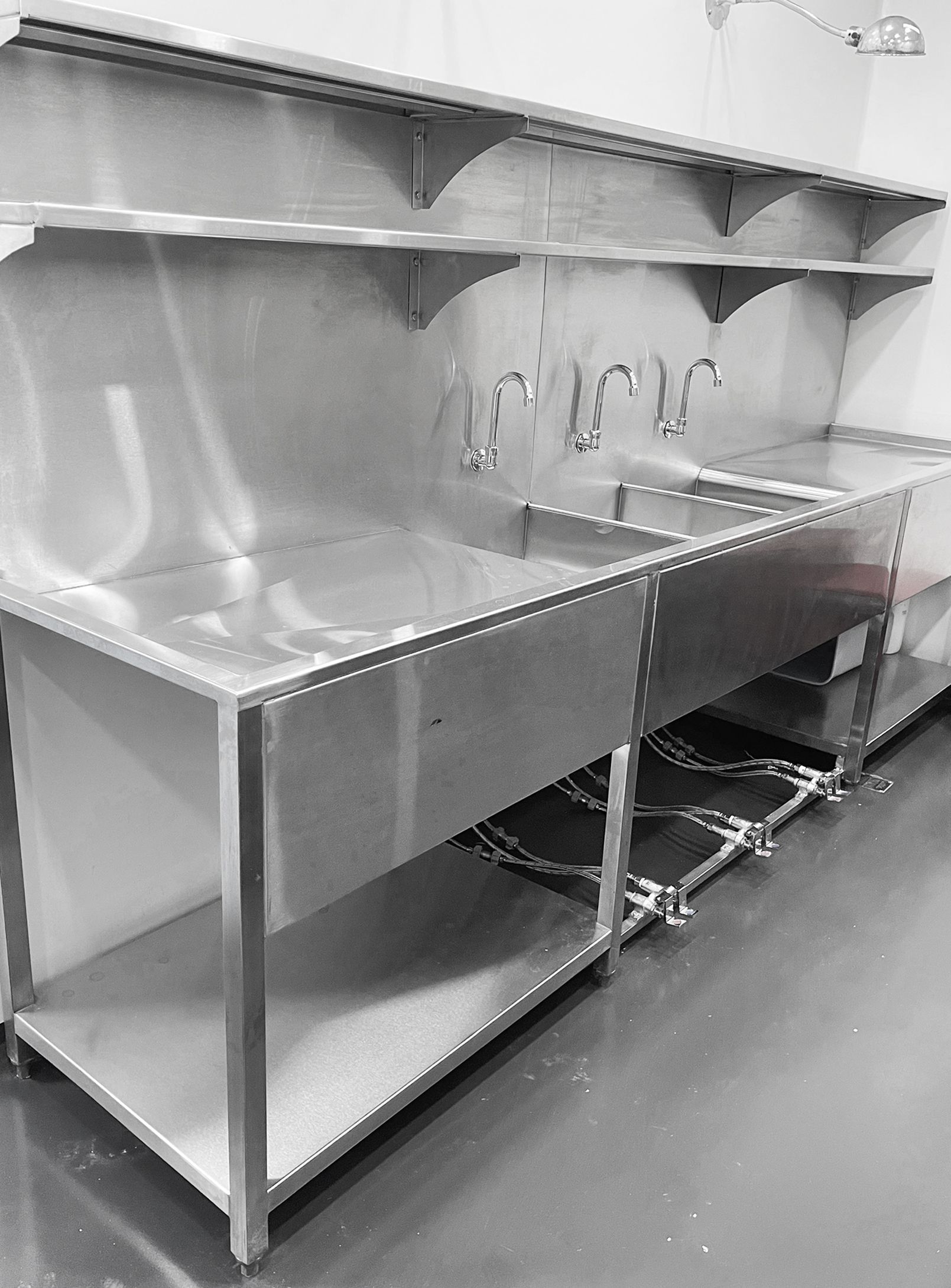 Una fotografía en blanco y negro de un fregadero de acero inoxidable en una cocina.