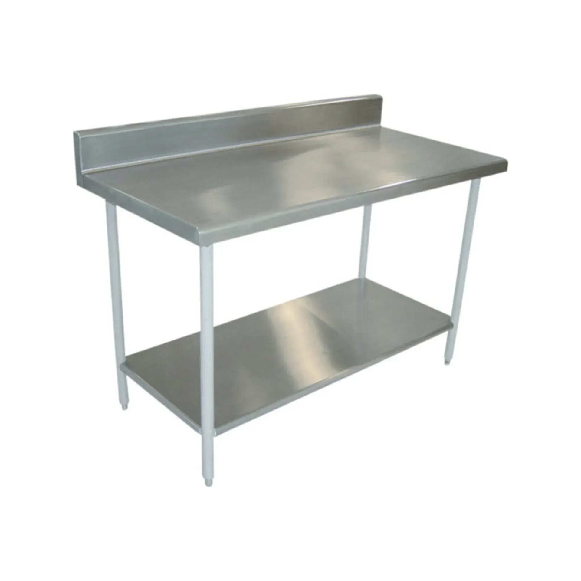 Una mesa de acero inoxidable con un estante debajo