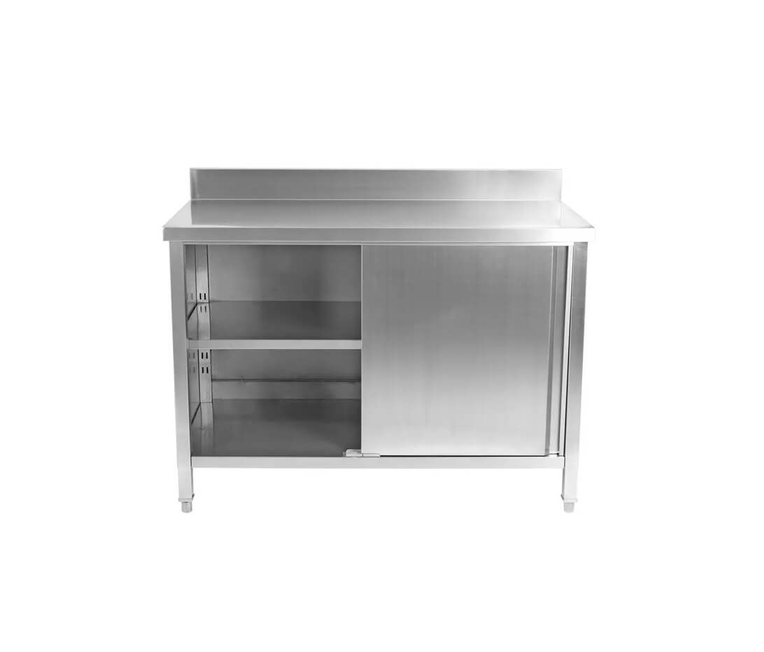 Una mesa de acero inoxidable con puerta corredera y estantes