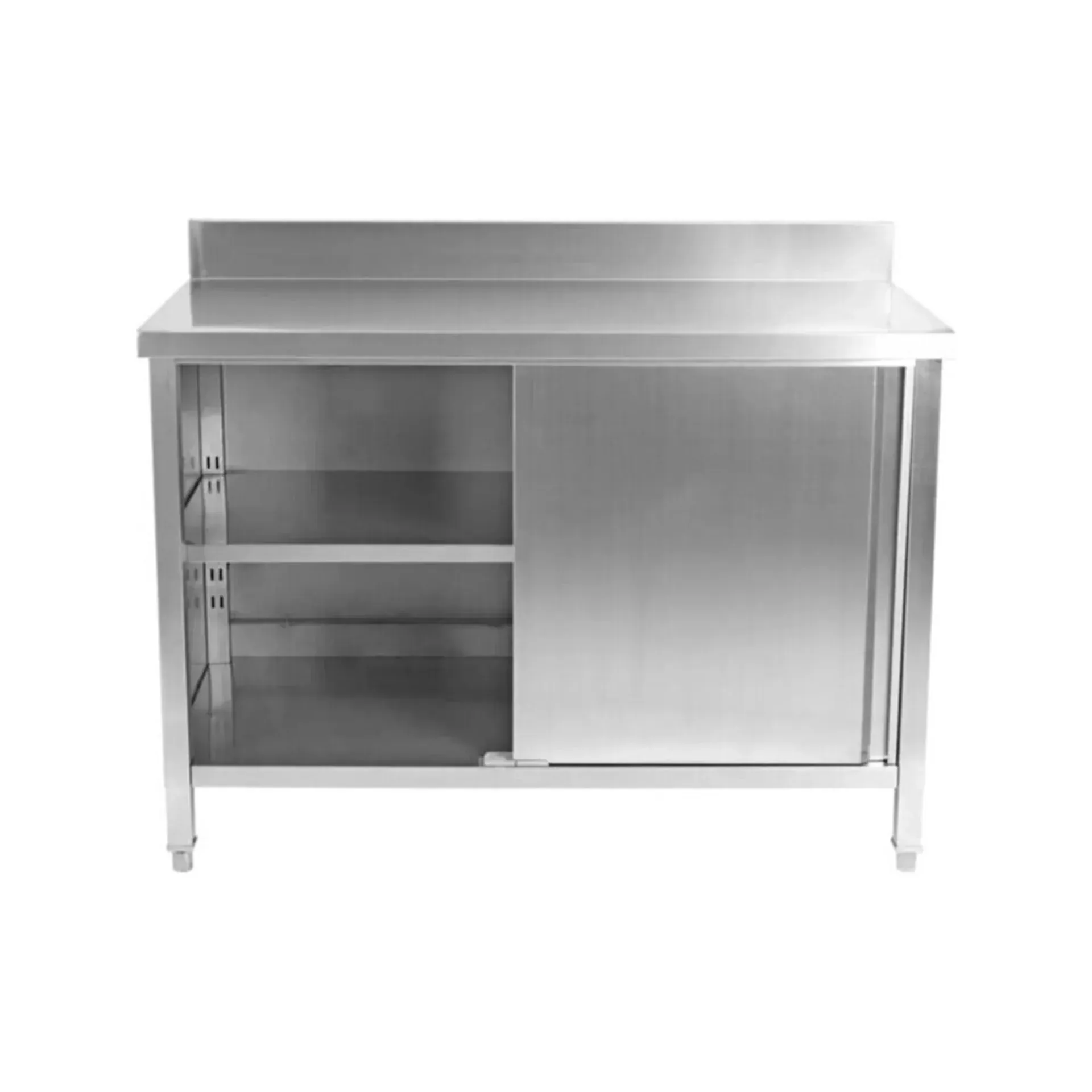 Una mesa de acero inoxidable con puertas correderas y estantes.