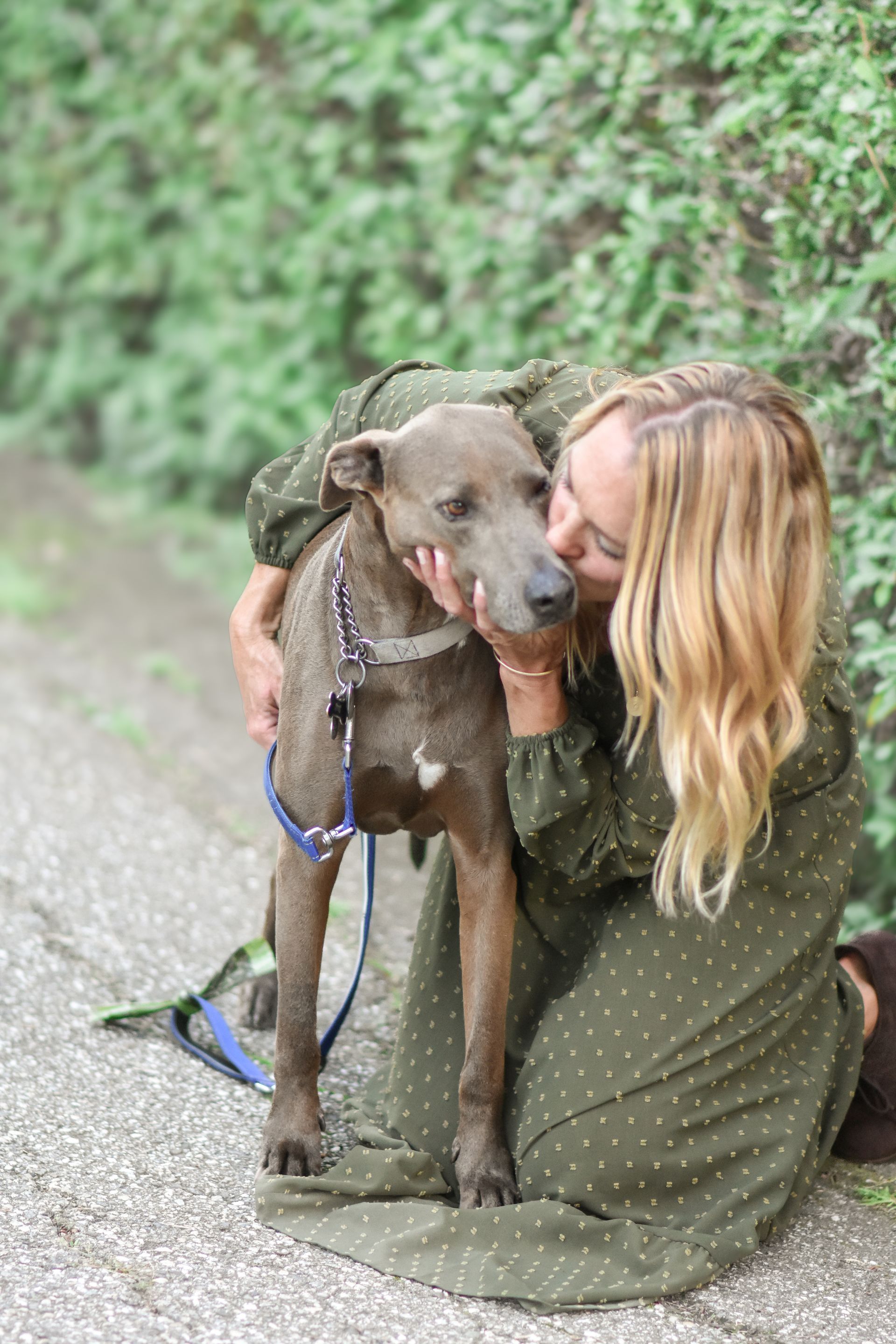 A blonde person in a green patterned dress kneeling on a path and kissing a gray dog wearing a blue leash.