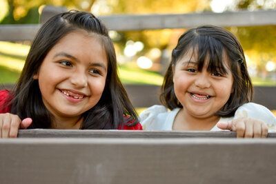 Two little girls are looking over a fence and smiling.