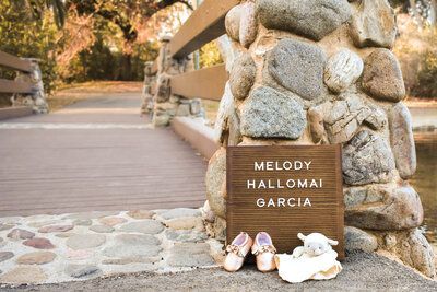 A wooden sign sitting on top of a stone wall next to a pair of baby shoes. Baby announcement