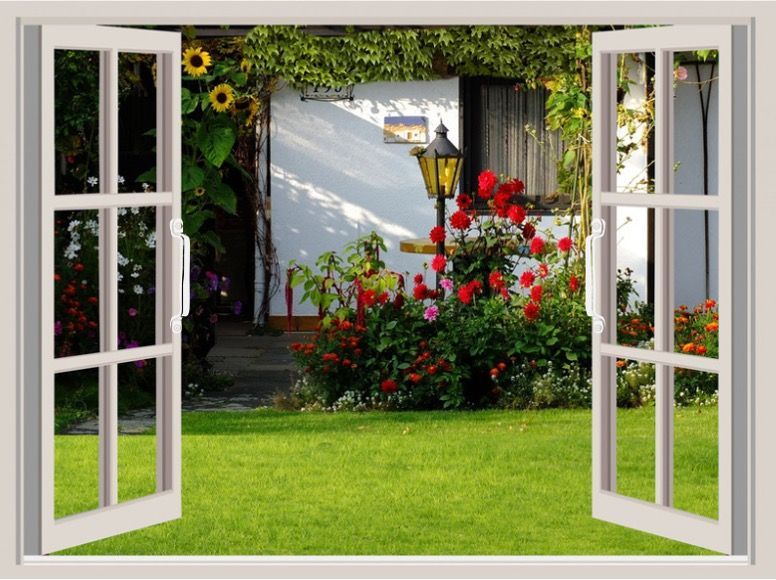casement windows opening into a garden