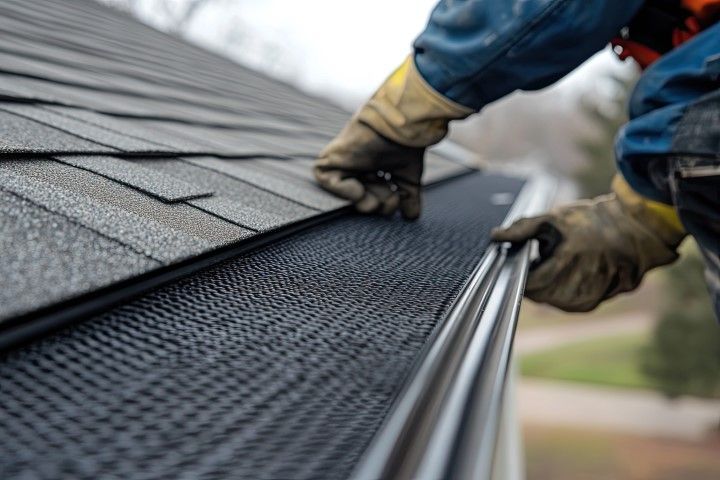 A worker in work gloves installing a mesh gutter guard along the edge of a shingled roof.