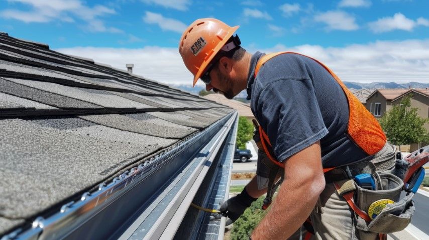 The triangular gable end of a roof featuring dark blue shingles, horizontal metal louvers, and vertical wall stripes.