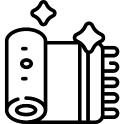 Black line-art icon of a closed book with sparkles, suggesting learning or creativity