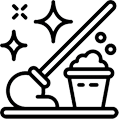 Cleaning tools with a broom, sparkling stars, and a bucket of supplies on a tray