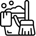 Black line icon of a cleaning brush and spray bottle with bubbles.