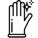 Black outlined raised hand with sparkles, indicating stop or cleanliness icon