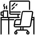 Black outline icon of a desk with a steaming mug, computer monitor, and rolling office chair