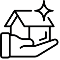 House with a sparkle above a hand icon
