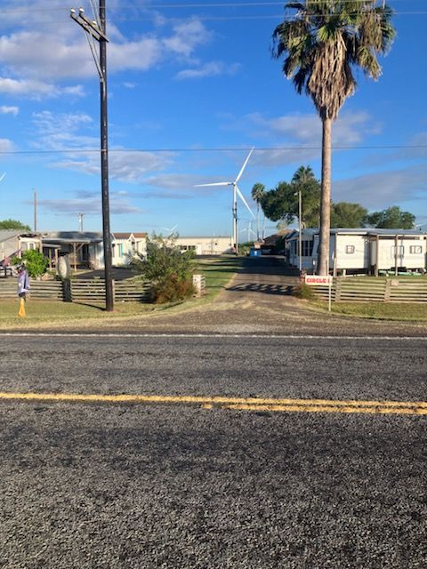 A road with a palm tree and a windmill in the background