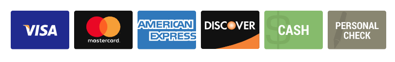 Payment methods accepted: Visa, Mastercard, American Express, Discover, cash, and personal check.