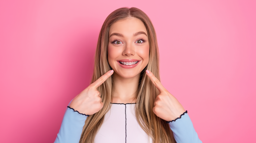 A smiling person against a solid pink background points toward their own mouth with both index fingers.