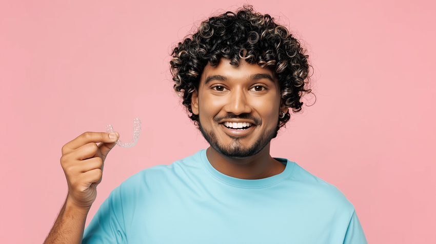 A smiling person against a solid pink background points toward their own mouth with both index fingers.