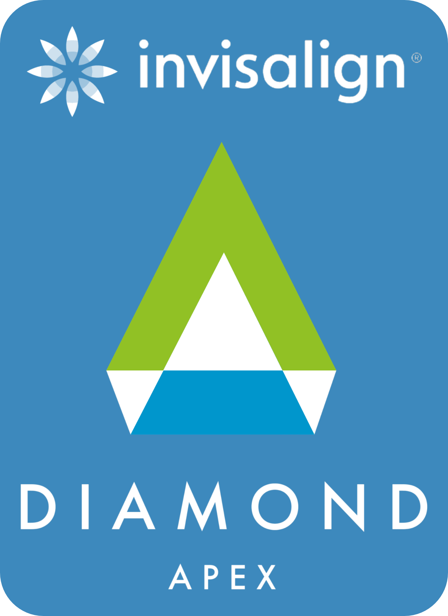 Invisalign Diamond Apex logo with green and blue geometric triangle and white text on blue background
