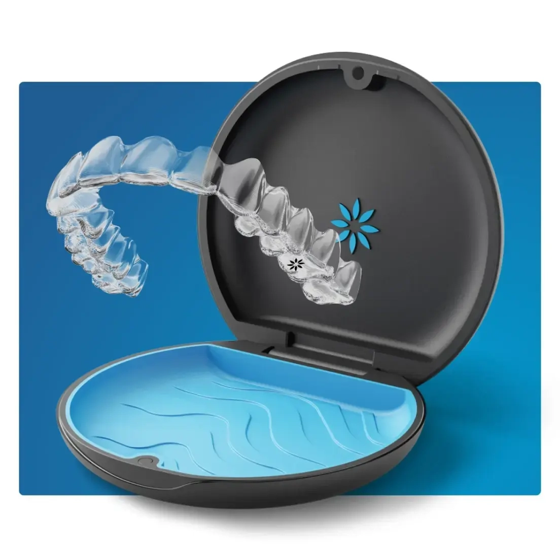 Clear aligner case with transparent dental aligners, black and blue open hard case on blue background