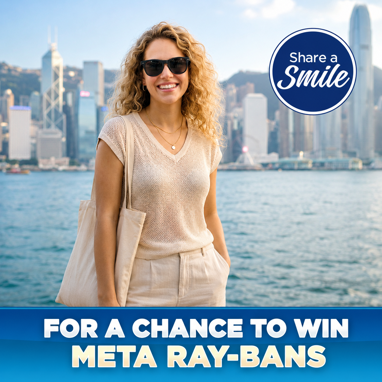 Woman in sunglasses by the water with city skyline; “Share a Smile” and “For a chance to win Meta Ray-Bans” text