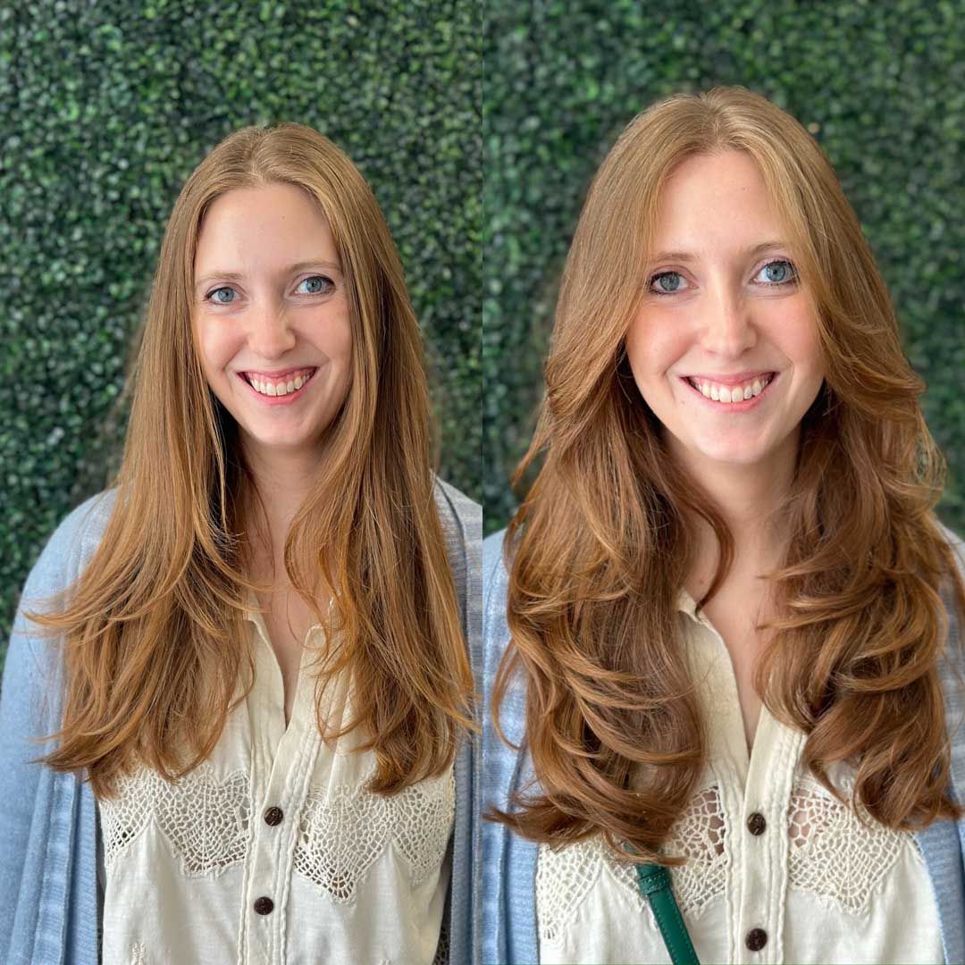 Woman with long, reddish-brown hair; before and after salon style. Green background, wearing a white shirt and blue cardigan.
