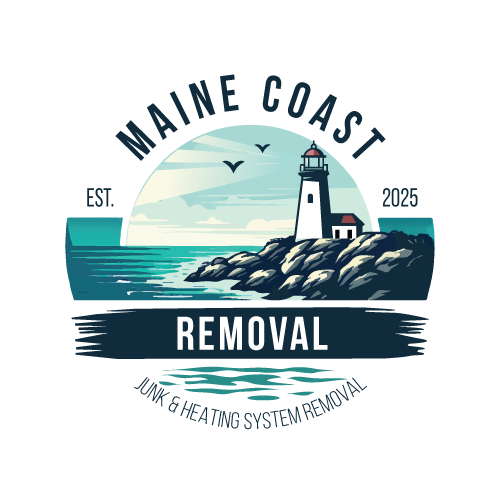 Logo for Maine Coast Removal featuring a lighthouse on a rocky shore, sea birds, and text on a dark blue brush stroke.