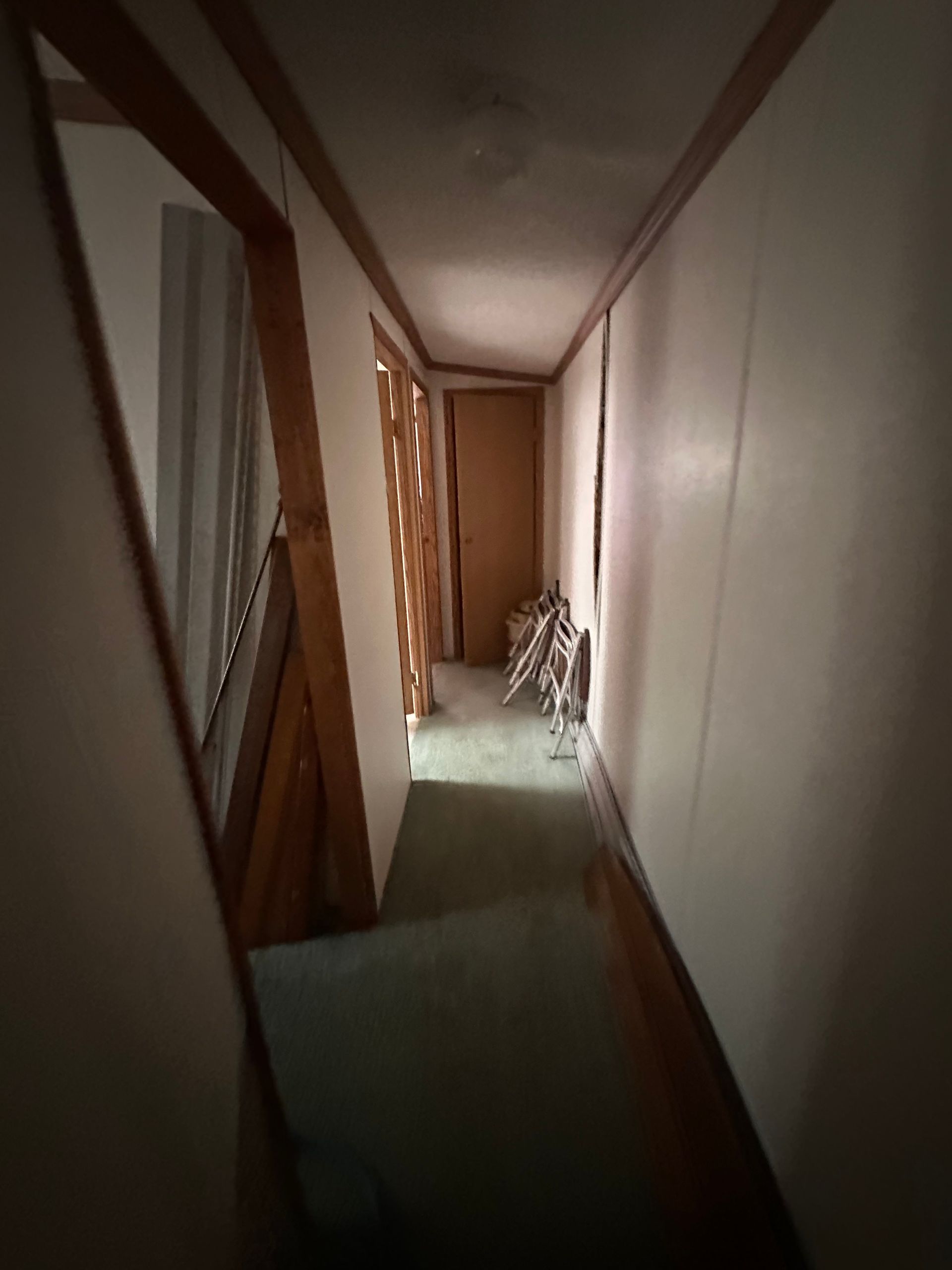 A narrow hallway with white walls and carpeted floor leads to a wooden door, framed by a wooden partition on the left.