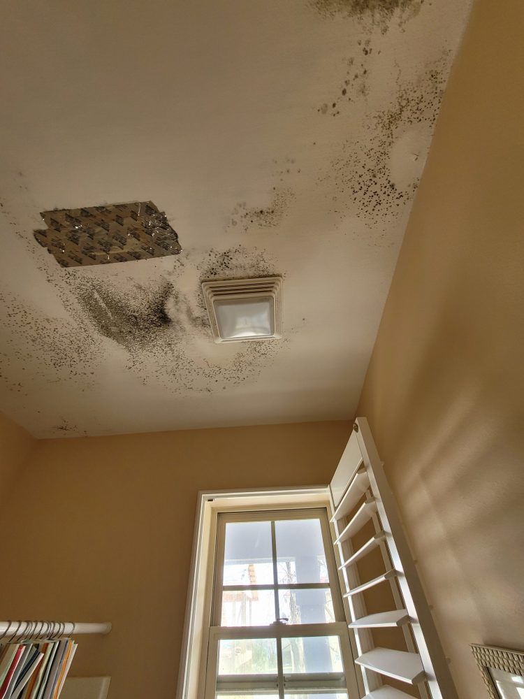 A room with a ladder and a window with a hole in the ceiling