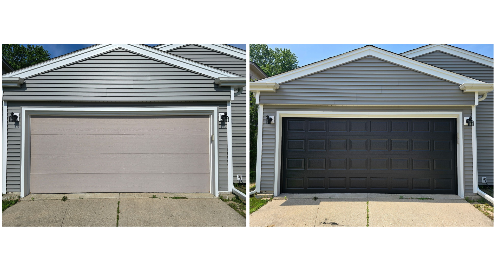 Two garage doors, one beige, the other black, showing a before and after paint job.