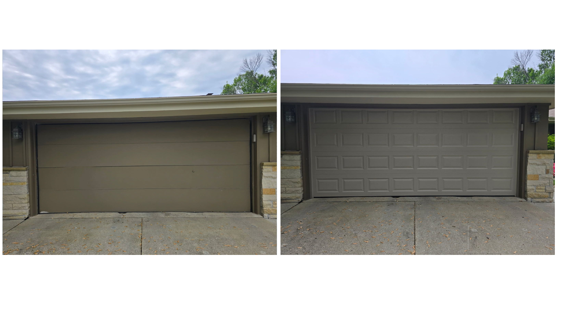 Garage door before and after painting; gray color on the right side.