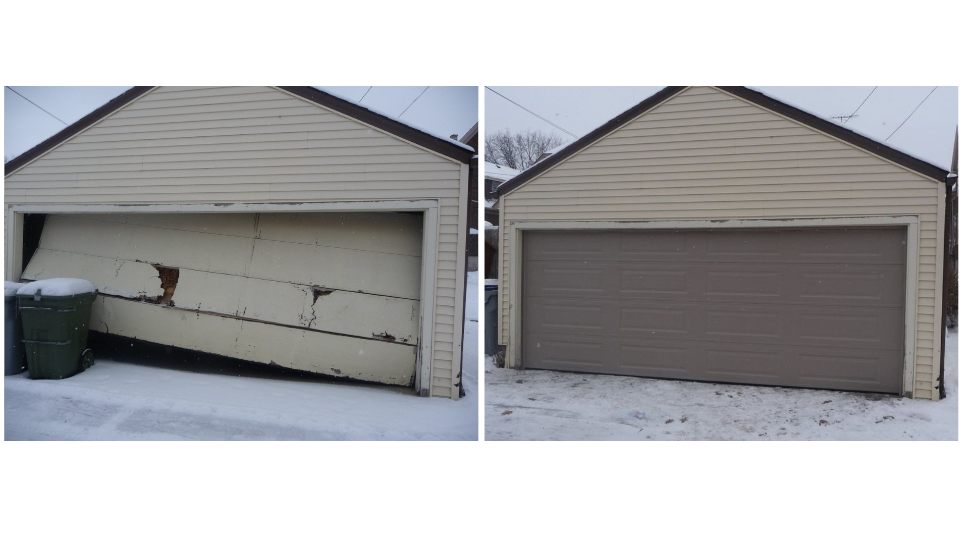 Garage before and after replacing a damaged door with a new, brown one. Snow on the ground.