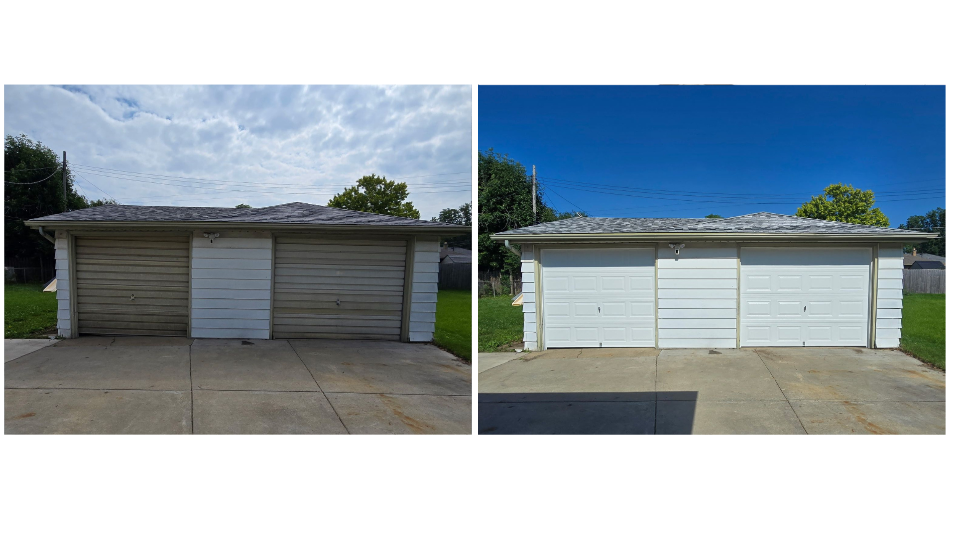 Before and after photos of a two-car garage. Left photo is weathered; right photo shows a freshly painted garage.
