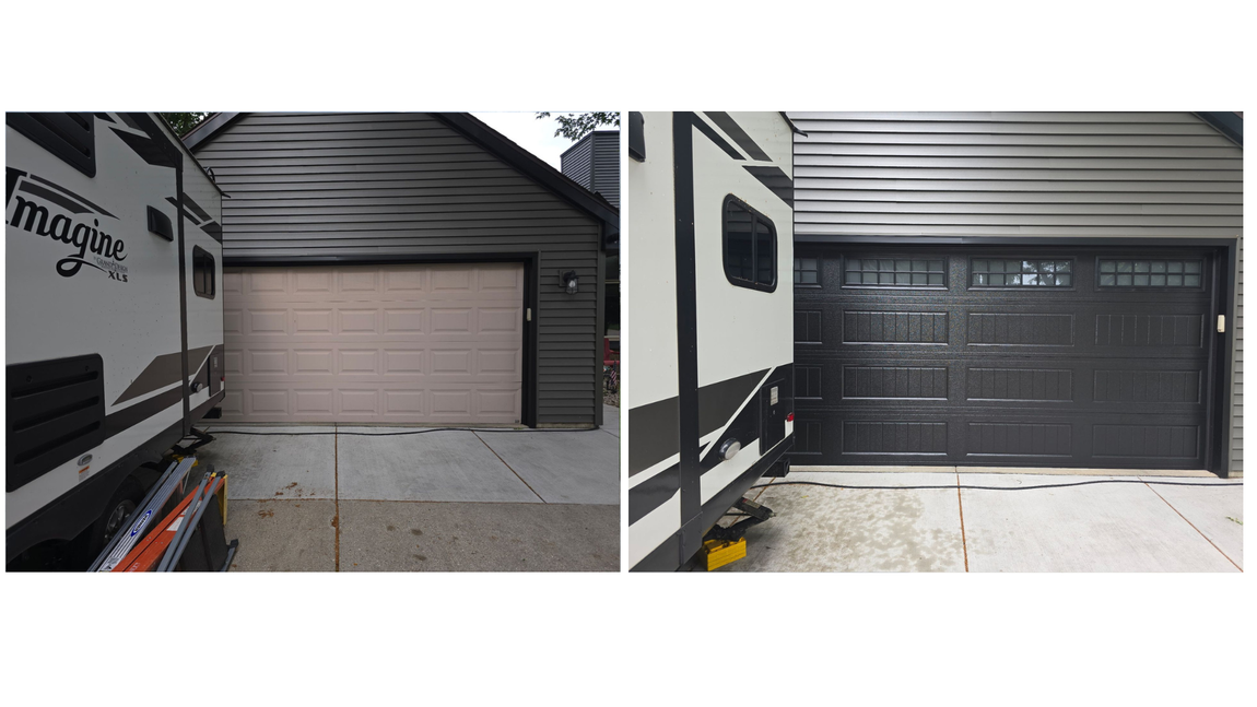Garage door before and after painting. Light beige door transforms to dark gray.
