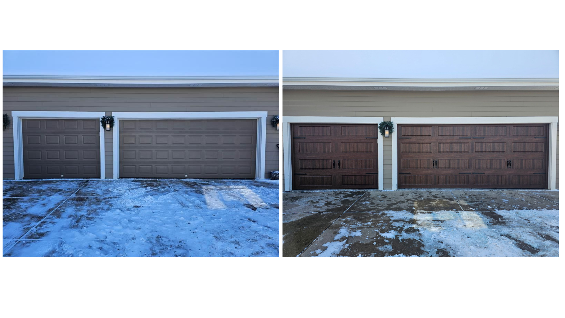 Two garage doors, before and after. Brown doors with lights, snow on the ground, and a tan building.
