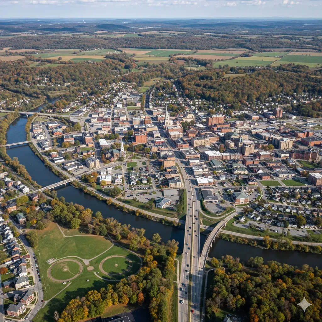 An aerial view of a city with a lake in the background.